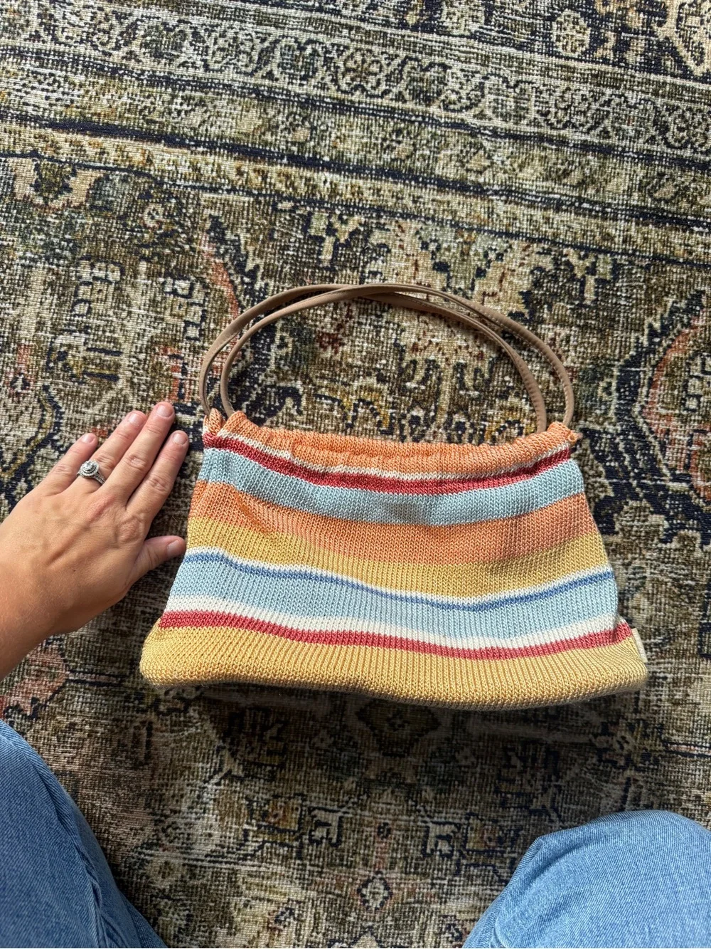 Striped Knit Shoulder Bag - Pastel Boho Crochet Handbag The Sak